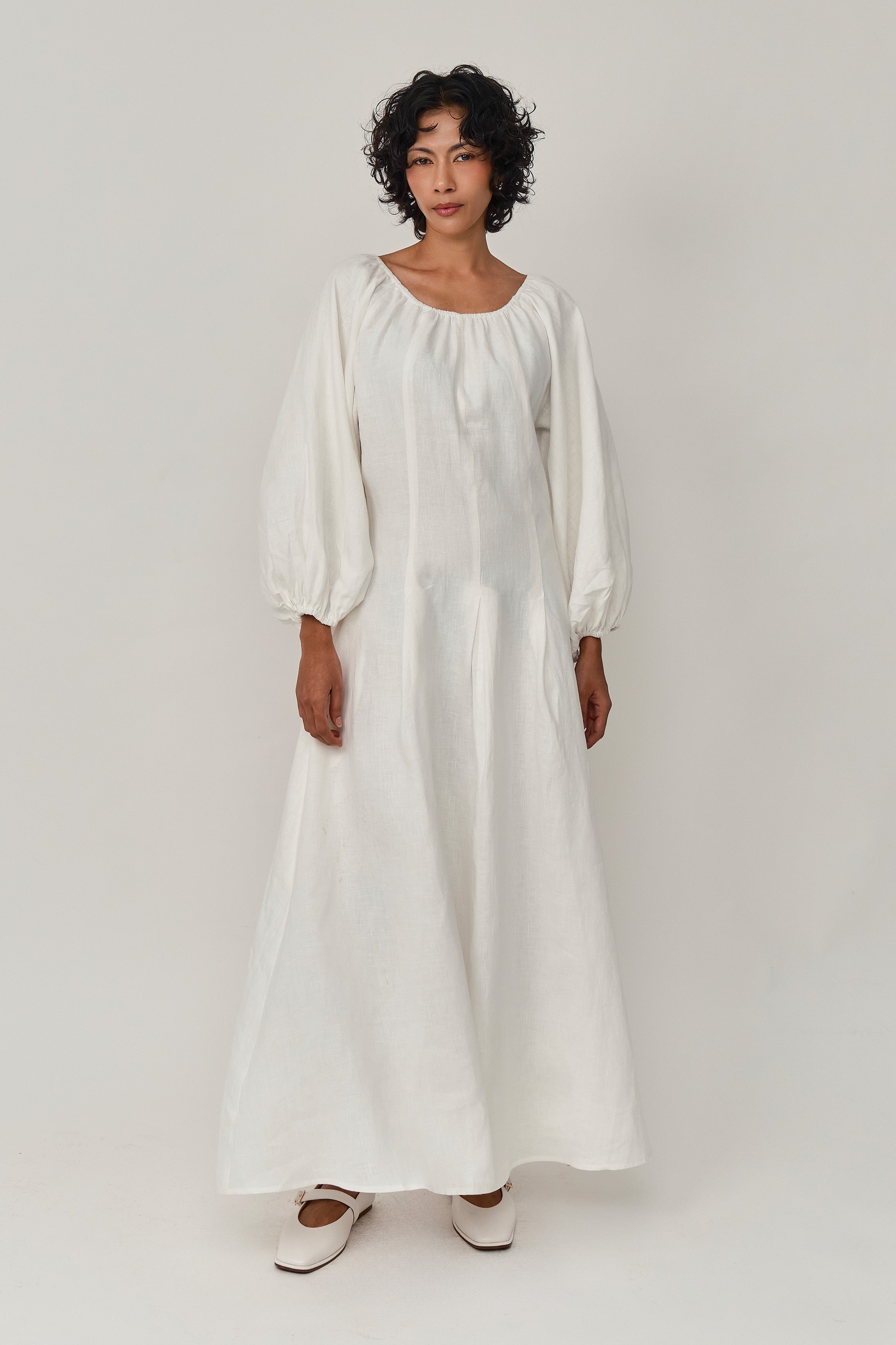 fitted linen dress with sleeves Linen Fit & Flare Dress SICILY: Deep V Neck, Cup Sleeves, Handmade