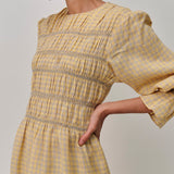 Honeymoon Shirred Linen Dress in Lemon Gingham