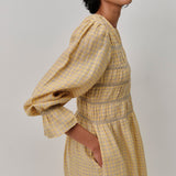 Honeymoon Shirred Linen Dress in Lemon Gingham