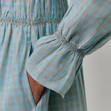 Honeymoon Shirred Linen Dress in Cornflower Gingham
