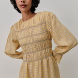 Honeymoon Shirred Linen Dress in Lemon Gingham