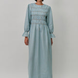 Honeymoon Shirred Linen Dress in Cornflower Gingham