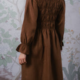 Honeymoon Shirred Linen Dress in Chocolate