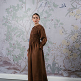 Honeymoon Shirred Linen Dress in Chocolate