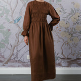 Honeymoon Shirred Linen Dress in Chocolate