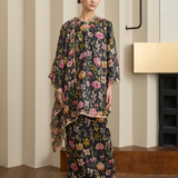 Serene Ramie Kurung Floral Set with Selendang in Noir Floral
