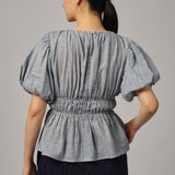 Odette Short-Sleeve Blouse in Blue Gingham