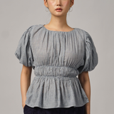 Odette Short-Sleeve Blouse in Blue Gingham