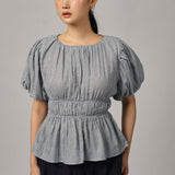 Odette Short-Sleeve Blouse in Blue Gingham