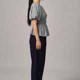 Odette Short-Sleeve Blouse in Blue Gingham