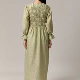 Honeymoon Shirred Linen Dress in Pistachio