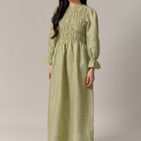 Honeymoon Shirred Linen Dress in Pistachio