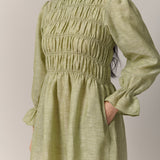 Honeymoon Shirred Linen Dress in Pistachio