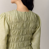 Honeymoon Shirred Linen Dress in Pistachio