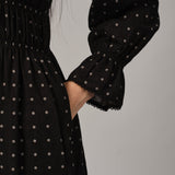 Honeymoon Shirred Dress in Black Polka Dot