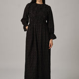 Honeymoon Shirred Dress in Black Polka Dot