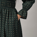 Honeymoon Shirred Dress in Green Polka Dot
