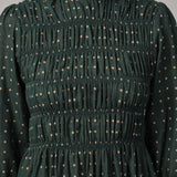 Honeymoon Shirred Dress in Green Polka Dot