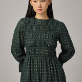 Honeymoon Shirred Dress in Green Polka Dot