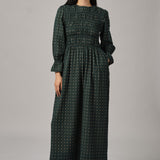 Honeymoon Shirred Dress in Green Polka Dot