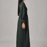 Honeymoon Shirred Dress in Green Polka Dot