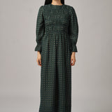 Honeymoon Shirred Dress in Green Polka Dot