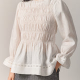 Honeymoon Shirred Linen Blouse in White