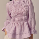 Honeymoon Shirred Linen Blouse in Lavender
