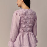 Honeymoon Shirred Linen Blouse in Lavender