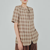Midtown Short-Sleeve Linen Blazer in Brown Gingham