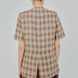 Midtown Short-Sleeve Linen Blazer in Brown Gingham