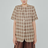 Midtown Short-Sleeve Linen Blazer in Brown Gingham
