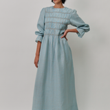 Honeymoon Shirred Linen Dress in Cornflower Gingham