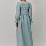 Honeymoon Shirred Linen Dress in Cornflower Gingham