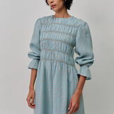 Honeymoon Shirred Linen Dress in Cornflower Gingham