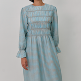 Honeymoon Shirred Linen Dress in Cornflower Gingham