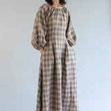 Solstice Linen Dress in Brown Gingham