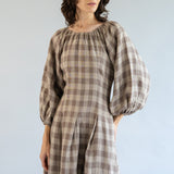 Solstice Linen Dress in Brown Gingham