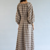 Solstice Linen Dress in Brown Gingham