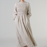 Honeymoon Shirred Linen Dress in Dune