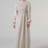 Honeymoon Shirred Linen Dress in Dune