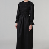 Honeymoon Shirred Linen Dress in Ebony