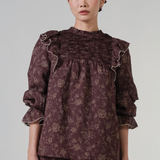 Ruffled Ramie Blouse in Burgundy