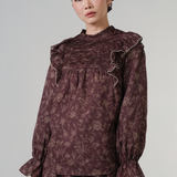 Ruffled Ramie Blouse in Burgundy