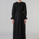 Honeymoon Shirred Linen Dress in Ebony