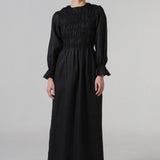 Honeymoon Shirred Linen Dress in Ebony