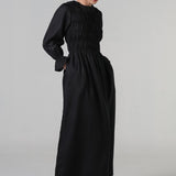 Honeymoon Shirred Linen Dress in Ebony