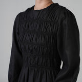 Honeymoon Shirred Linen Dress in Ebony