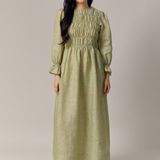 Honeymoon Shirred Linen Dress in Pistachio
