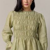 Honeymoon Shirred Linen Dress in Pistachio